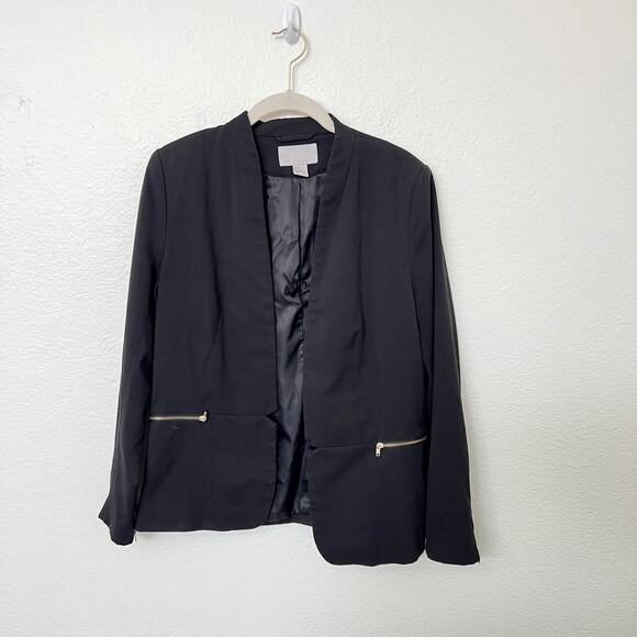 [H&M] Black Gold Hardware Zip Pockets Open Front Blazer Jacket Work Career Sz 10 - Picture 1 of 11